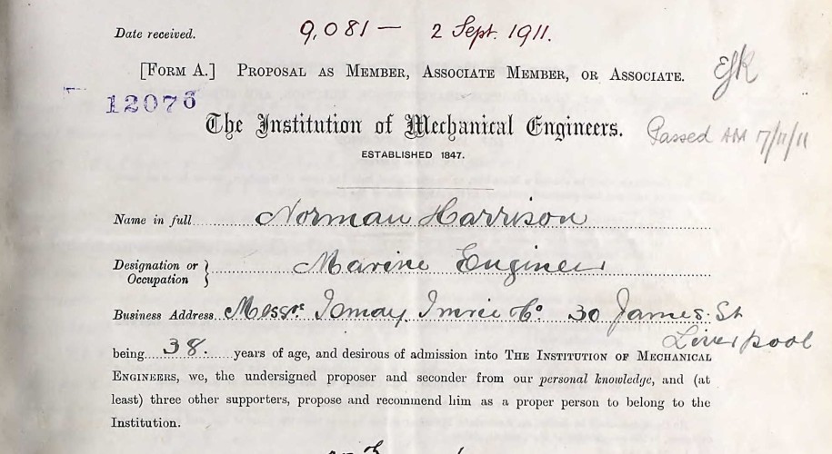 Handwritten extract from Norman Harrison's 1911 proposal form to become an Associate Member. The extract shows his name, occupation and business address.